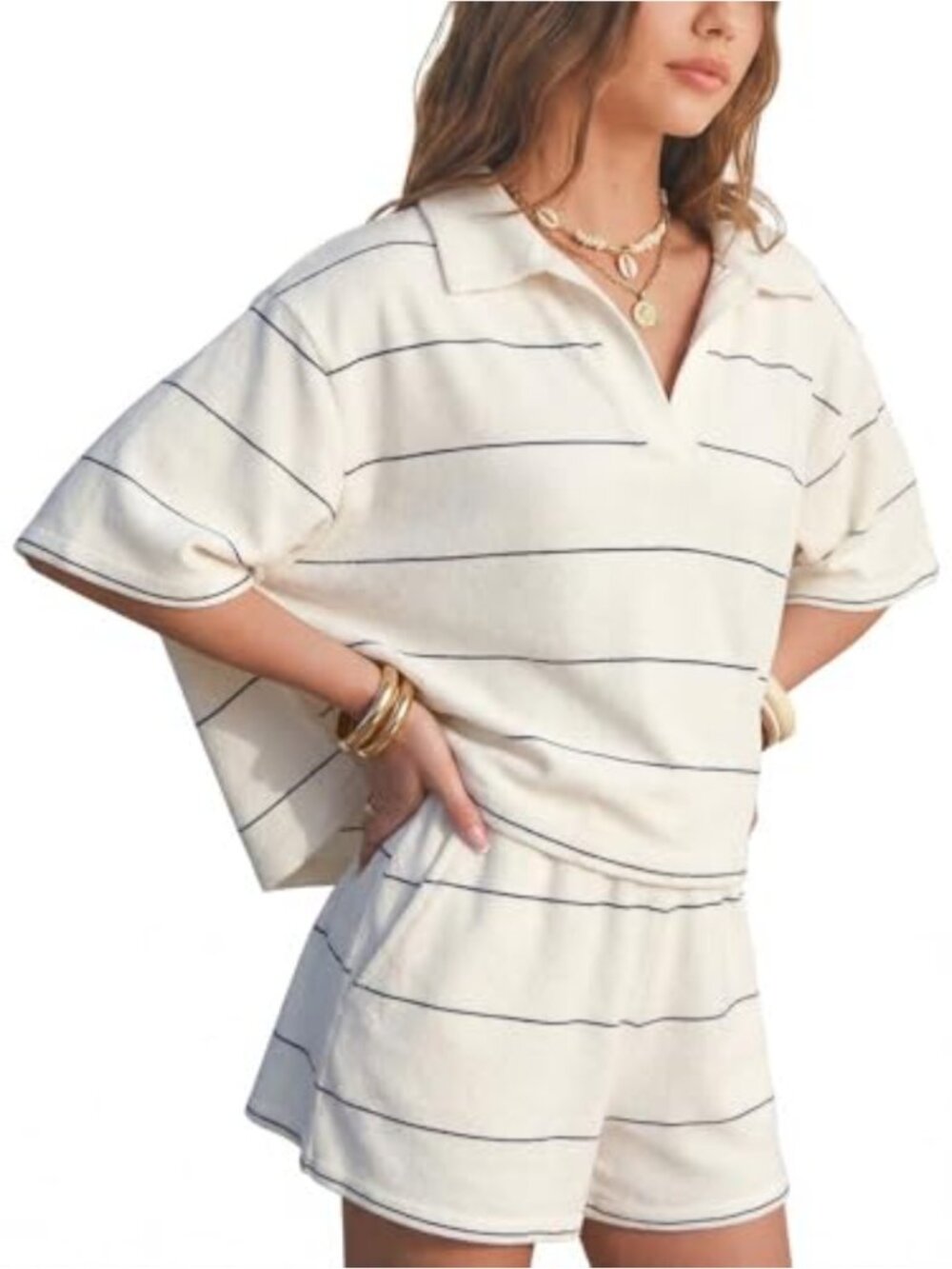 2 Piece Lounge Set Faux Cashmere Knit Polo Top Matching Shorts Summer Vacation